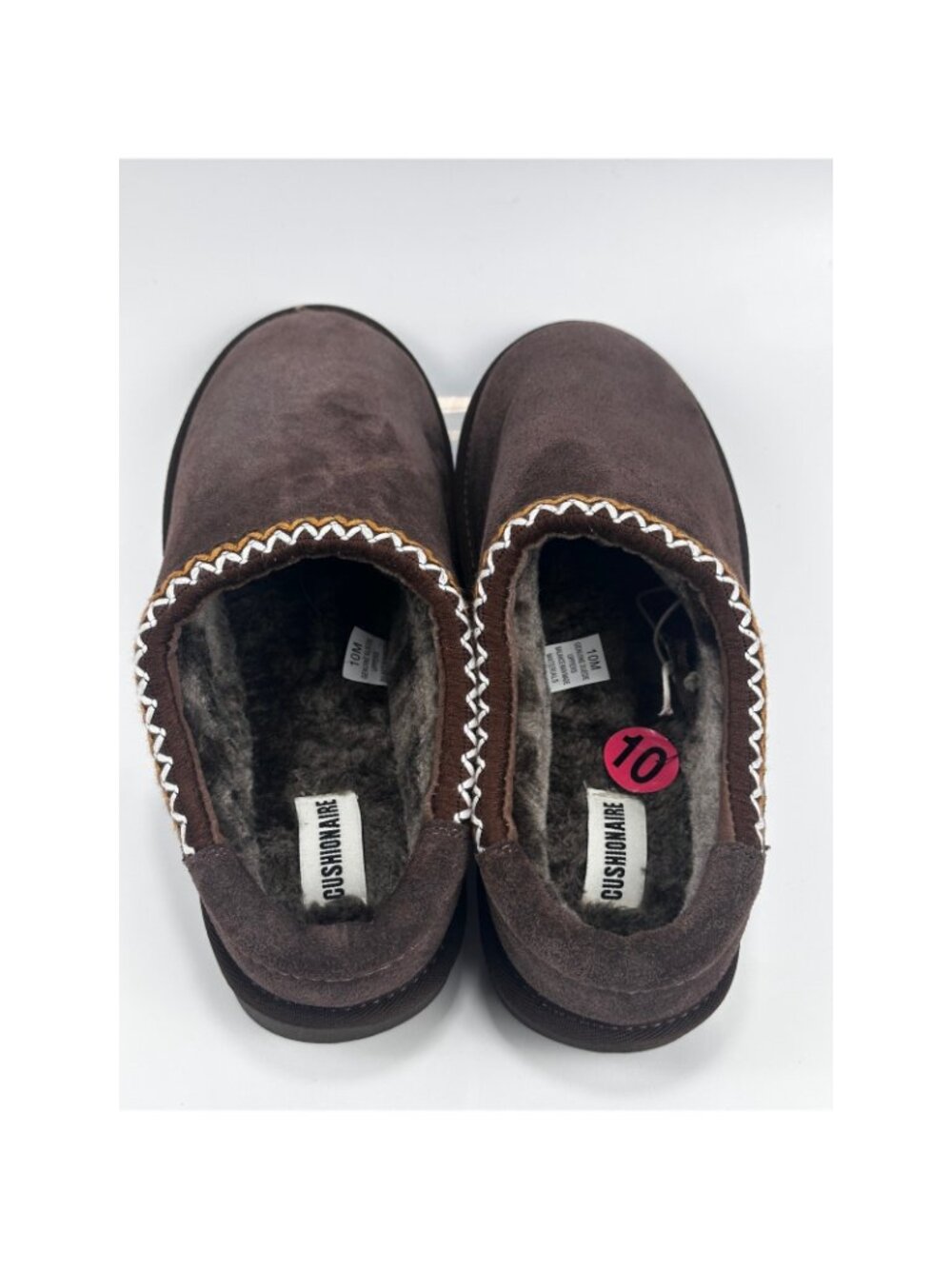 Cushionaire Suede Slipper Mules Mens 10 Brown Embroidered Trim Faux Fur Lined$80 - Picture 3 of 6